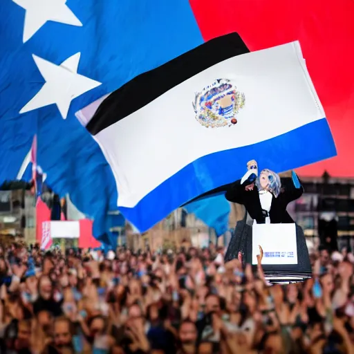 Image similar to Lady Gaga as president, Argentina presidential rally, Argentine flags behind, bokeh, giving a speech, detailed face, Argentina