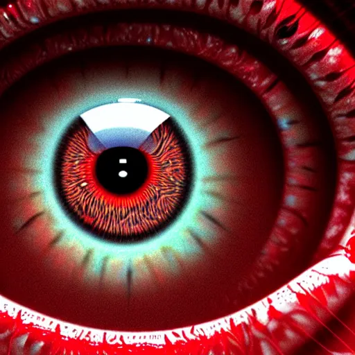 Image similar to a detailed extremely close up of inside the iris, cornea, red image, microscopic, extremely close up drawing by junji ito, cgsociety, generative art, lovecraftian, parallax, cosmic horror, extremely detailed, hyperrealism, unreal engine, octane render, award winning, masterpiece, highly detailed, realistic, 4 k, digital