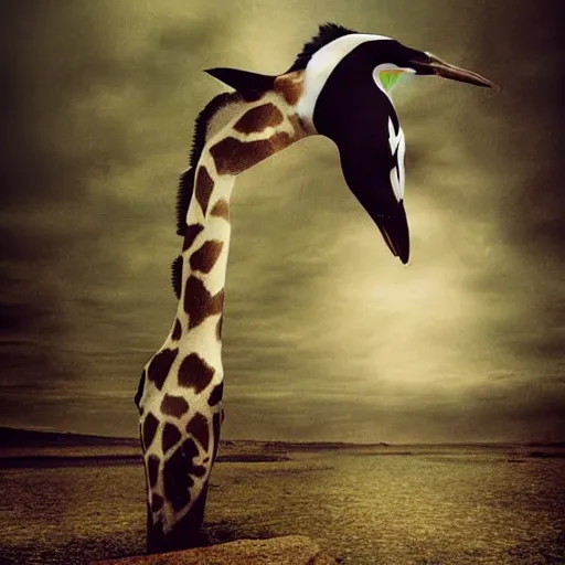 Prompt: a real photograph a hybrid mix between a penguin body, a giraffe neck, hyper detailed, photomanipulation, photoshop, unreal