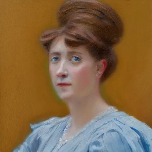 Image similar to portrait painting of a lady in a light blue dress 1 9 0 0 s entire face shown in great detail, looking at the camera, garden, photorealistic, extreme detail, sharp focus, 8 k, intricate, hyper detailed, realistic, cinematic lighting