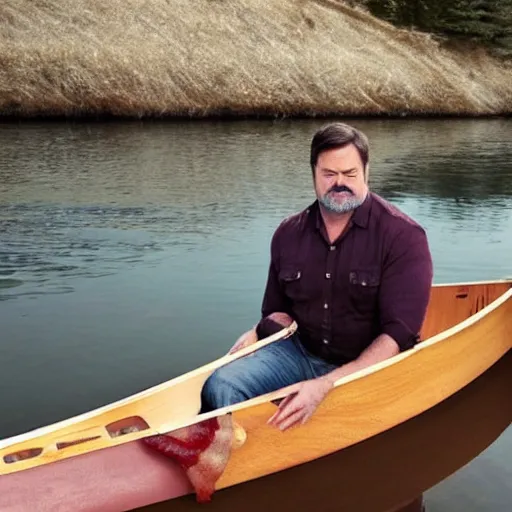 Image similar to Nick offerman sitting in a canoe made of bacon, smiling, highly detailed, beautiful water