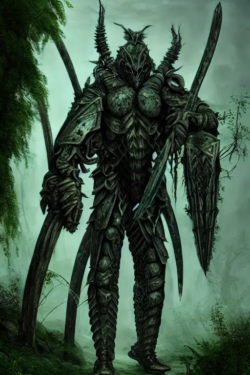 Image similar to post - gothic giant muscular humanoid chimera, exoskeleton armor, holding katana, dystopian ruins covered in vegetation, highly detailed smooth digital art masterpiece, vitaly bulgarov giger dramatic dark teal light, ground angle hd 8 k, sharp focus