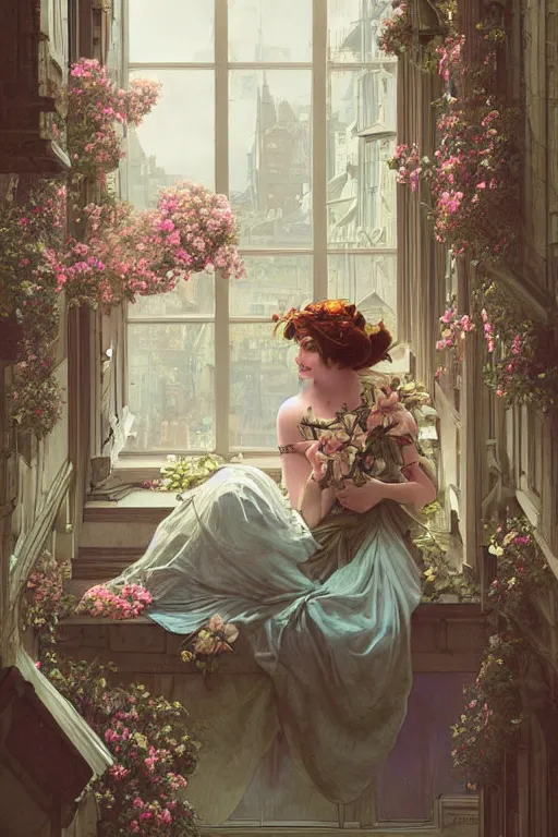 Image similar to ultra realistic illustration, old vintage card in city with flowers blossoming out the window, elegant, highly detailed, digital painting, concept art, smooth, sharp focus, illustration, art by artgerm and greg rutkowski and alphonse mucha