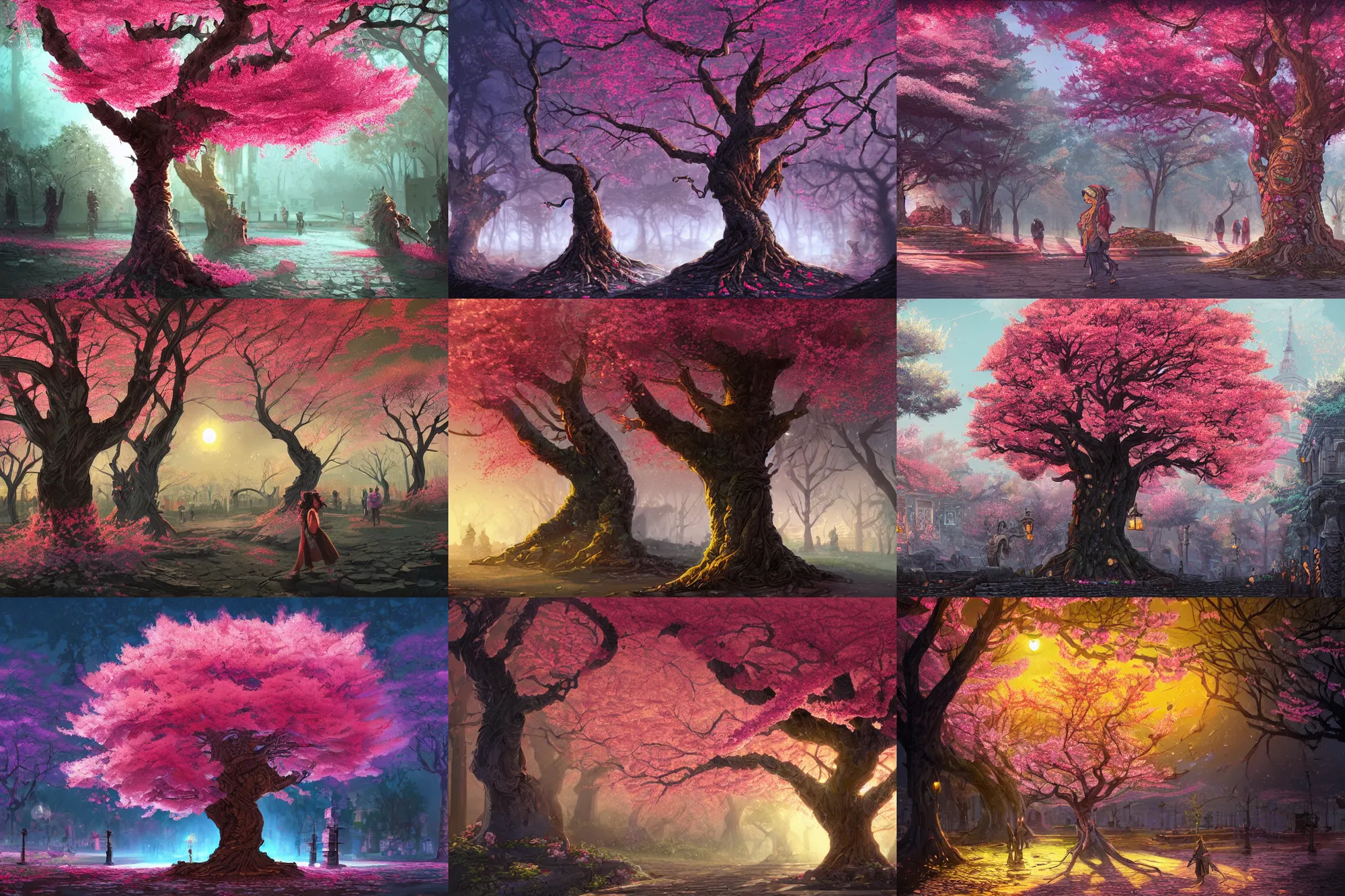 Prompt: ancient city, tree with cherry blossoms in the middle, colorfully, dark mood, detailed illustration, dark climate, digital art, highly saturated colors, overdetailed art, concept art, detailed illustration, hd, 4 k, digital art, greg, dan mumford, rutkowski, wlop, trending on artstation