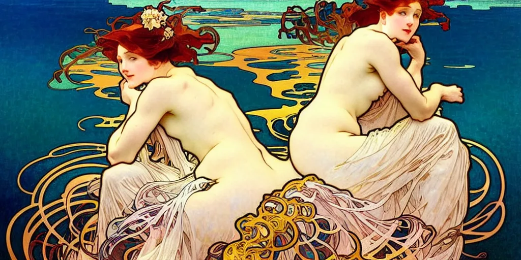 Prompt: “ ( ( ( ( ( boat on fire in rough ocean waves ) ) ) ) ) painted by james jean and alphonse mucha!!!!!!!!!!!!!!!!!!!!! ”