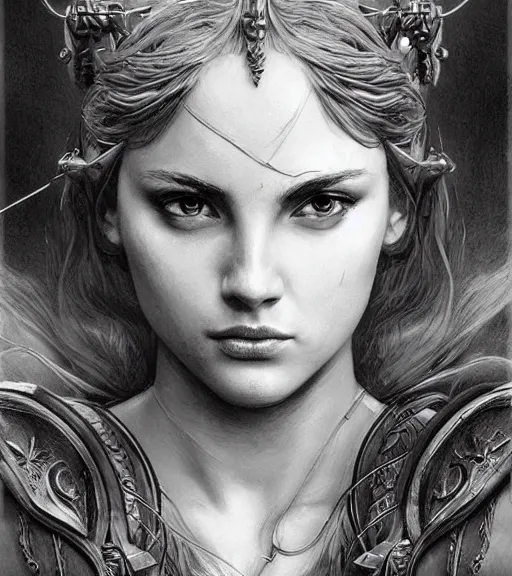 Image similar to beautiful young aphrodite goddess as an archer warrior, realistic face, beautiful eyes, black and white drawing, in the style of greg rutkowski, fantasy, amazing detail, epic, intricate, elegant, smooth, sharp focus