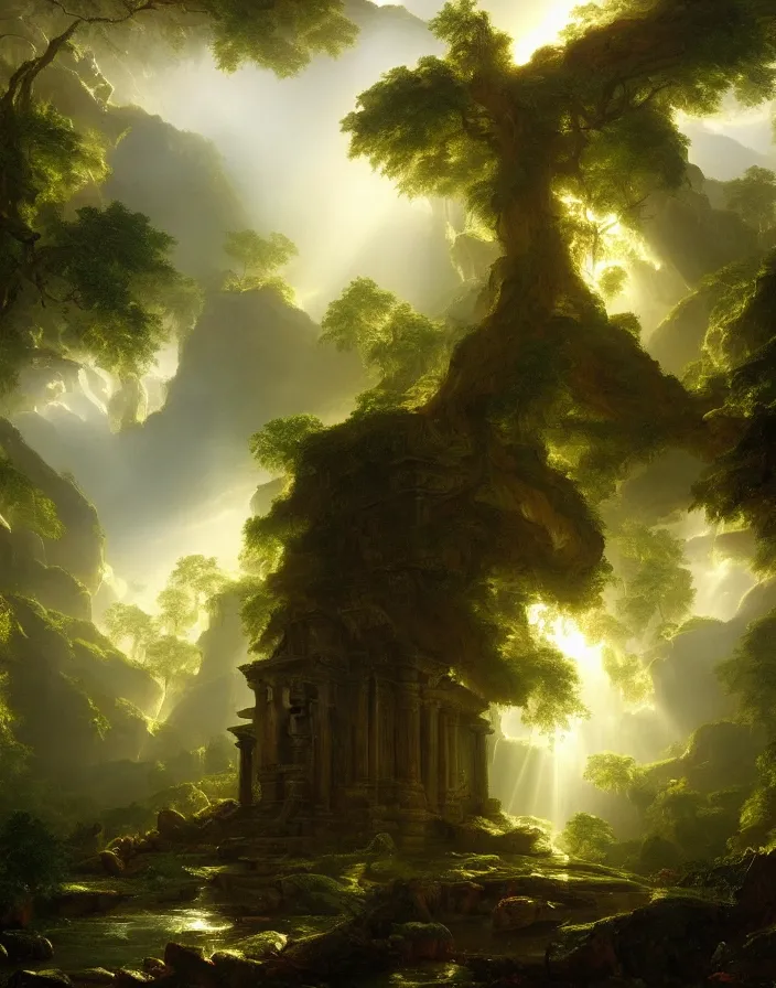 Prompt: an ancient temple lost in a gigantic forest by thomas cole, painting, cinematography, epic lighting, volumetric, fog, god rays