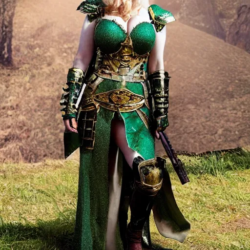 Image similar to full body photo of christina hendricks as a warrior with emerald encrusted armour