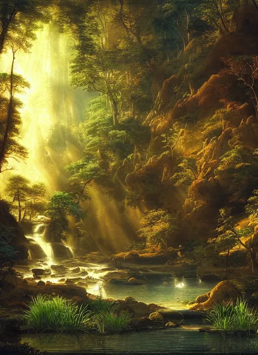 Image similar to a forest oasis, rock pools, harmony of nature, infinite dawn, angelic light, sparkling dew, epic atmosphere, by asher brown durand, by yoshitaka amano