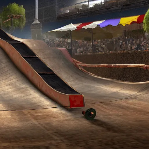 Image similar to roman chariot racing in a skate park half-pipe, video game cover