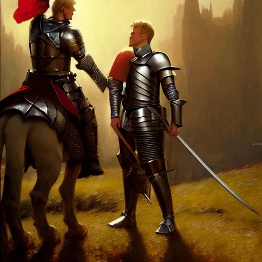 Image similar to attractive arthur pendragon and his favourite attractive male knight, they are in love, camelot, natural lighting, path traced, highly detailed, high quality, digital painting, by gaston bussiere, craig mullins, j. c. leyendecker