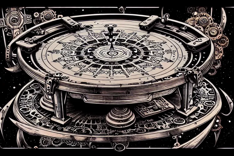 Prompt: steampunk alchemist ornate table, furniture, high details, bold line art, by vincent di fate and joe fenton, inking, etching, screen print, masterpiece, trending on artstation, sharp, high contrast, hd, 4 k, 8 k