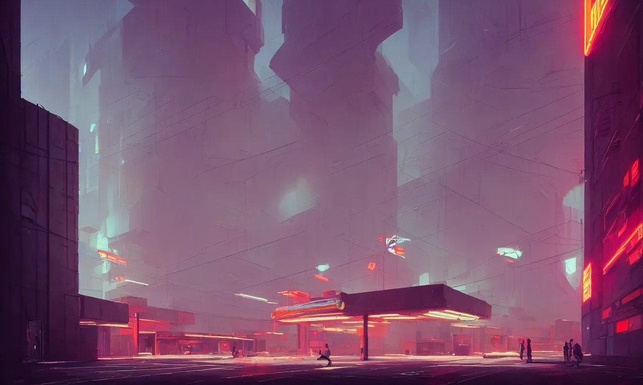 Prompt: simple brutalist architecture, colorful neon lighting, neon signs, greg rutkowski, syd mead, ralph mcquarrie, concept art, matte painting, highly detailed, rule of thirds, dynamic lighting, cinematic, detailed, denoised, centered