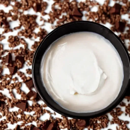 Prompt: a closeup shot of vanilla yoghurt with chocolate cereal. Highly detailed