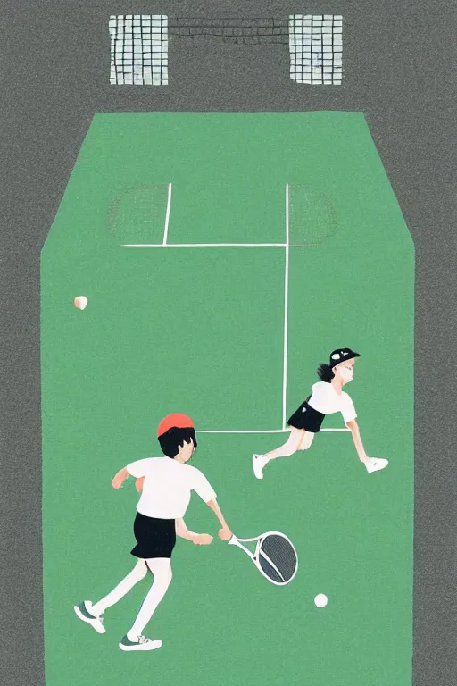 Image similar to an illustration of a tennis match by Oliver Jeffers. Screen Printed. Paper texture