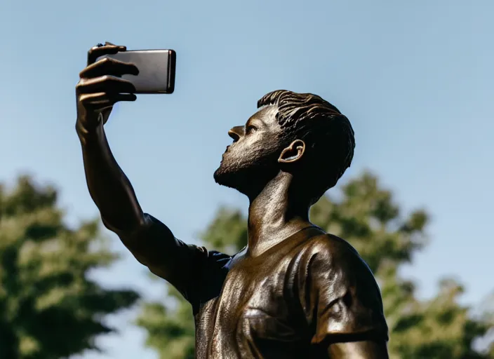 Prompt: photo still of a bronze statue of a person using an iphone to take a selfie, park on a bright sunny day, 8 k 8 5 mm f 1 6