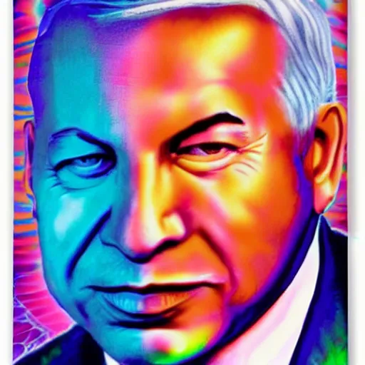 Image similar to a psychadelic portrait of binyamin netanyahu by alex grey, high deatil, cinestill poster