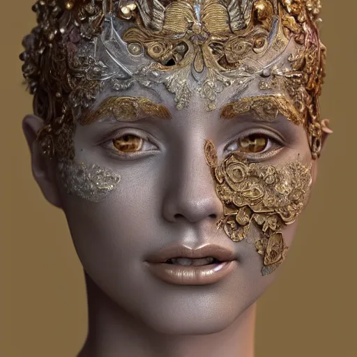 Image similar to beatifull face portrait of a woman, 150 mm, anatomical, flesh, flowers, mandelbrot fractal, facial muscles, veins, arteries, intricate, golden ratio, full frame, microscopic, elegant, highly detailed, ornate, ornament, sculpture, elegant , luxury, beautifully lit, ray trace, unreal, 3d, PBR, in the style of peter Gric , alex grey and Romero Ressendi