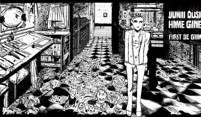 Prompt: First-person horror game, PC game with UI, by Junji Ito