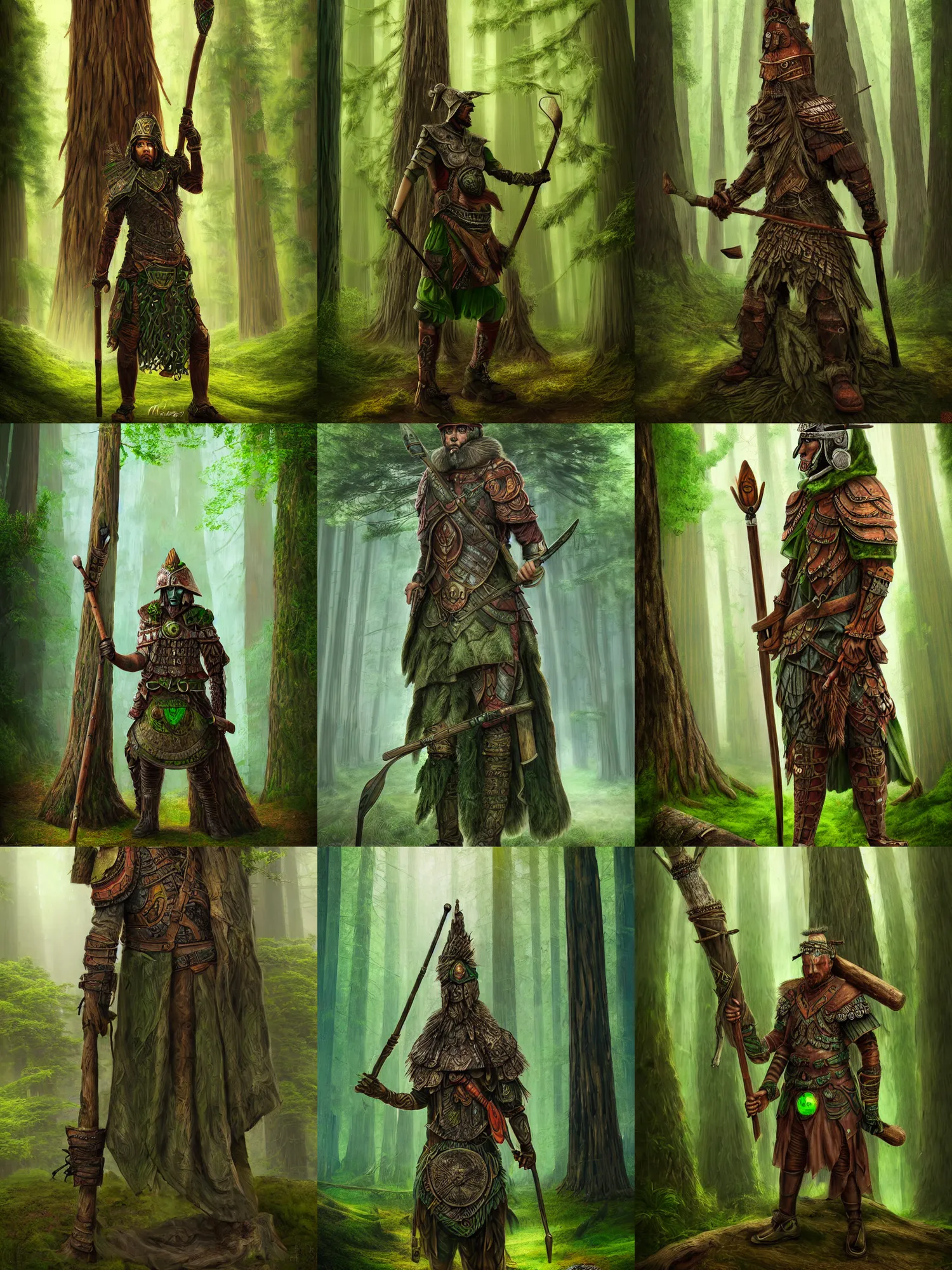 Prompt: full portrait of a warrior, tree bark armor, big wooden club, green cloak, filled with a redwood forest, solarpunk, highly detailed, matte painting, by midjourney