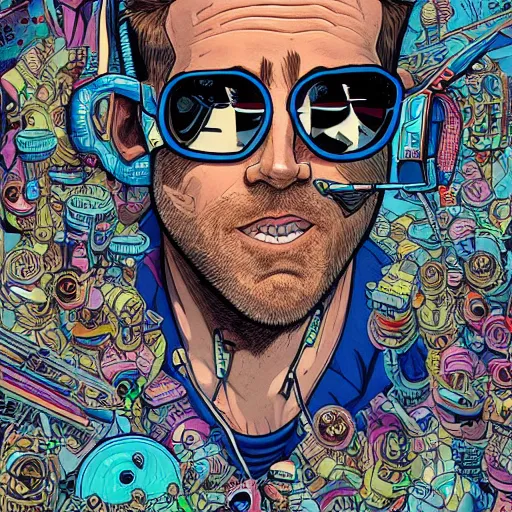 Prompt: hyper detailed comic illustration of a cyberpunk Ryan Reynolds wearing a futuristic sunglasses and a gorpcore jacket, markings on his face, by Josan Gonzalez and Geof Darrow, intricate details, vibrant, solid background, low angle fish eye lens