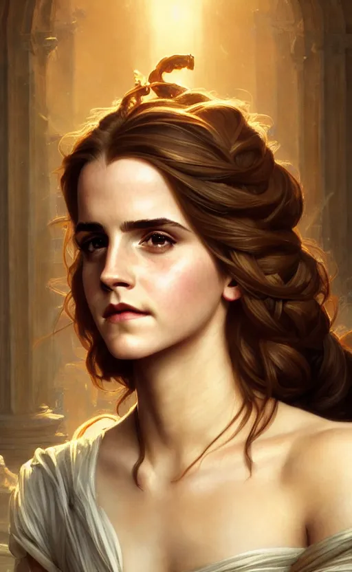 Image similar to portrait of emma watson as the goddess circe, greek mythology, intricate, headshot, highly detailed, digital painting, artstation, concept art, sharp focus, cinematic lighting, illustration, art by artgerm and greg rutkowski, alphonse mucha, cgsociety