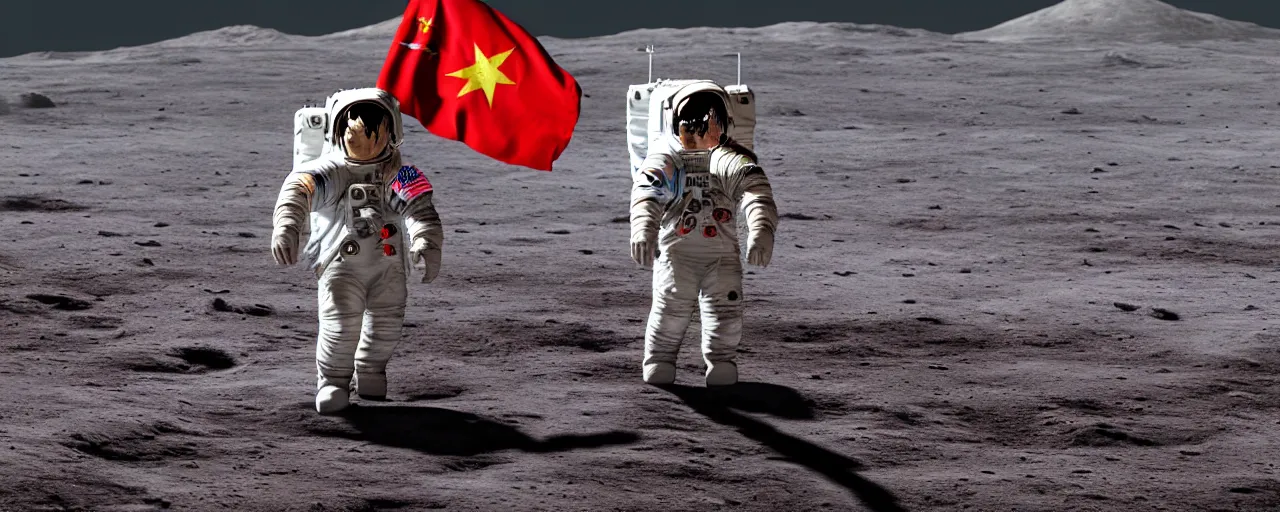 Image similar to an astronaut in red on white on yellow costume holding vietnam flag, standing on the moon, cinematic composition, concept art by greg rutkowski, cosmic background, octane render