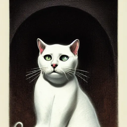 Image similar to white cat, art by hr giger!!!, gustave dore, artstation