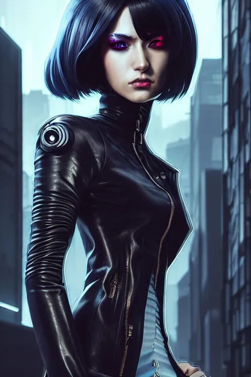 Image similar to hyperdetailed very close portrait of a stunning european woman with grey eyes in a leather suit with a pin in a cyberpunk city inspired by ross tran and wlop and masamune shirow and kuvshinov, concept art, intricate, photorealistic, octane render, rtx, hdr, unreal engine, dnd digital art by artgerm