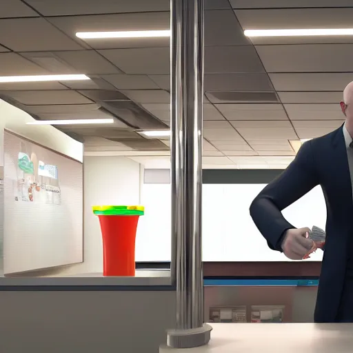 Image similar to hyperrealistic film still of hitman ordering a slurpee at 7 1 1 stunning 3 d render, inspired by istvan sandorfi & greg rutkowski & unreal engine, perfect facial symmetry, dim volumetric cinematic lighting, 8 k octane comprehensive render, extremely hyper - detailed, incredibly lifelike attributes, intricate, real flesh texture, masterpiece, artstation, stunning,