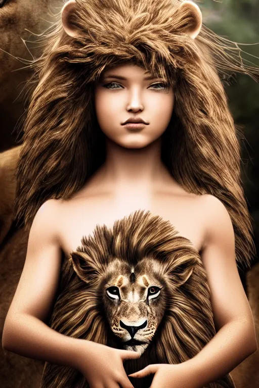 Image similar to girl riding a lion, extremely detailed, high quality, 4 k, cinematic, dramatic lightning, photo realistic, beautiful face, highly detailed face