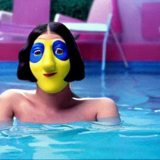 Prompt: a woman wearing a long nose in a swimming pool live-action childrens television show 1974 technicolor