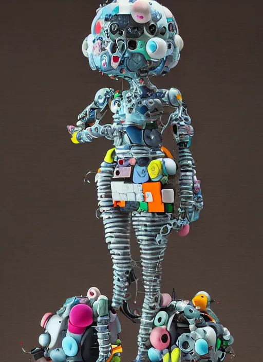 Prompt: professional art magazine photograph of a contemporary art sculpture of a modular quirky yorha android, by hikari shimoda, by jack gaughan