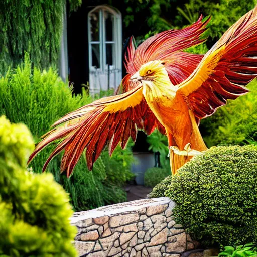 Image similar to a realistic depiction of a phoenix if it existed in real life inside a beautiful cottagecore styled garden outside the home of a rich king, national geographic, photography, high resolution