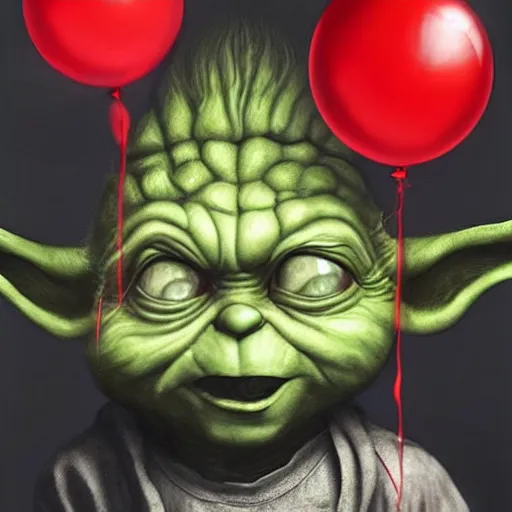 Image similar to surrealism grunge cartoon portrait sketch of yoda with a wide smile and a red balloon by - michael karcz, loony toons style, chucky style, horror theme, detailed, elegant, intricate