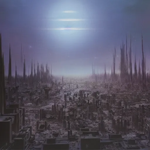 Image similar to future forest city attacked, trees, plant, broken buildings, doom of the gods, monster, gravity mess, star trek, glory war, photograph, by arthur haas and bruce pennington and john schoenherr, cinematic matte painting, zaha hadid building, photo realism, dark moody color palate, blue hour stars, desolate glacial landscape,