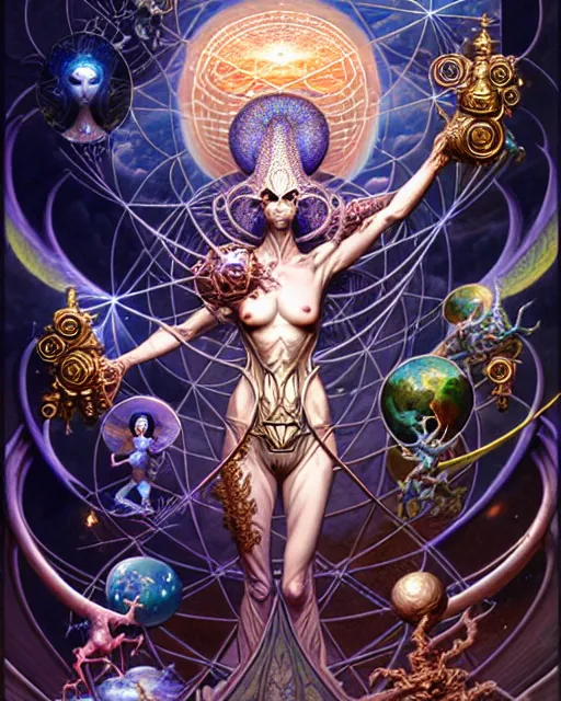 Image similar to the world tarot card, fantasy character portrait made of fractals, ultra realistic, wide angle, intricate details, the fifth element artifacts, highly detailed by peter mohrbacher, hajime sorayama, wayne barlowe, boris vallejo, aaron horkey, gaston bussiere, craig mullins