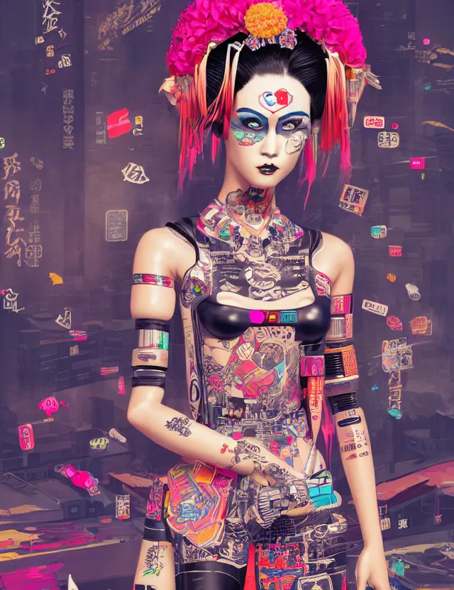 Image similar to full body portrait of a maximalist style punk geisha robot with kanji tattoos and decals wearing a digital pixelated kimono, intricate design, photo - realistic, octane render, ultra fine detailed, character design, trending on artstation