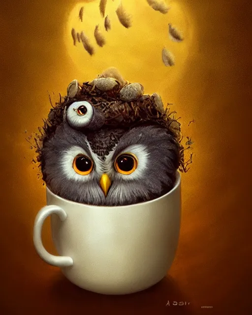 Image similar to long shot of a very cute owl chick nesting in a futuristic mug, esao andrews, humorous illustration, hyperrealistic, big depth of field, warm colors, whimsical cosmic night scenery, low light, 3 d octane render, 4 k, concept art, hyperdetailed, hyperrealistic, trending on artstation