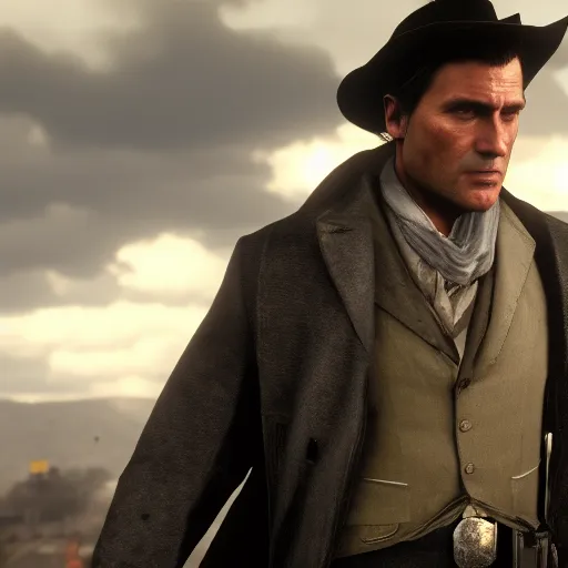 Prompt: Film still of Bruce Wayne, from Red Dead Redemption 2 (2018 video game)