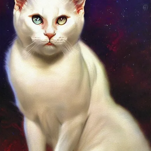 Image similar to a portrait of a manly dr crusher white cat feline, blue eyes, star trek the next generation. highly detailed painting by gaston bussiere, craig mullins, j. c. leyendecker, furry