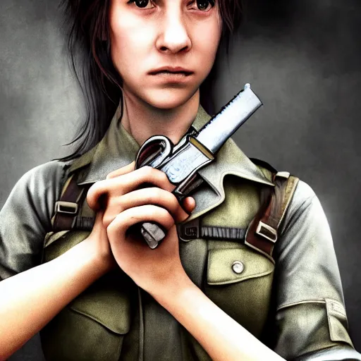 Image similar to a girl in a post - military uniform made of rags holds a revolver in her hands, the concept of a game character here, digital art, many details, super realistic, high quality, 8 k,