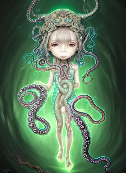 Image similar to A full shot of a cute magical monster Cryptid wearing a dress made of opals and tentacles. Chibi Proportions. Subsurface Scattering. Translucent Skin. Caustics. Prismatic light. defined facial features, symmetrical facial features. Opalescent surface. Soft Lighting. beautiful lighting. By Giger and Ruan Jia and Artgerm and WLOP and William-Adolphe Bouguereau and Loish and Lisa Frank. Sailor Moon. trending on artstation, featured on pixiv, award winning, sharp, details, intricate details, realistic, Hyper-detailed, HD, HDR, 4K, 8K.