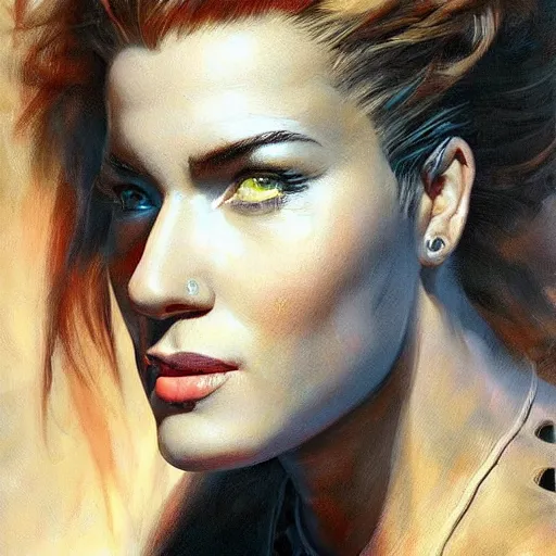 Prompt: detailed portrait of zarya from overwatch, intricate, hyper detailed, realistic, oil painting, by julie bell, frank frazetta, cinematic lighting