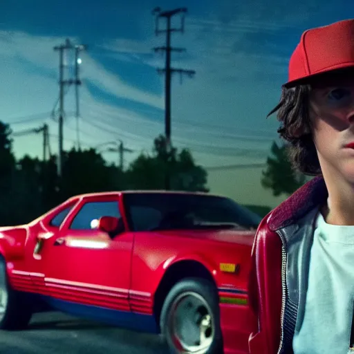 Prompt: Kavinsky in Stranger Things standing in front of a red sports car, night, cinetmatic