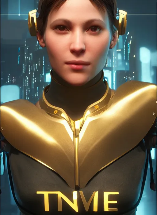 Prompt: female character / time traveller / proportional figure / delicate features / alluring / cyberpunk armor / navigator gear / gold and platin plated / dark blue background / poster style / ultra realistic / ultra detailed / volumetric light. unreal engine / 8 k.