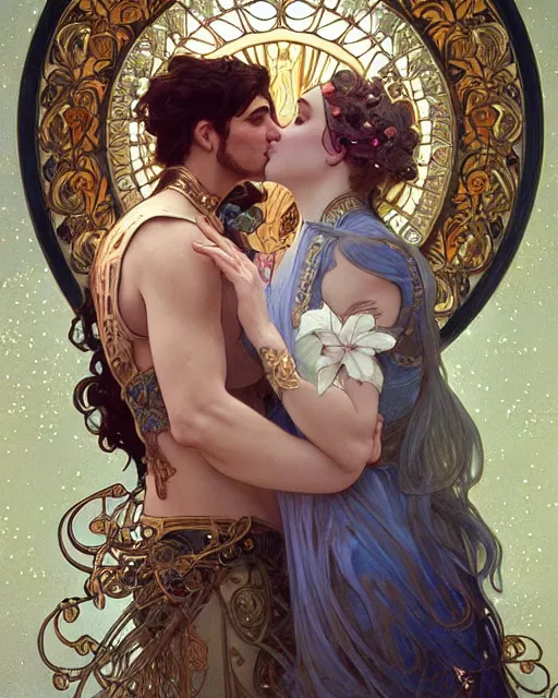 Image similar to the kiss | highly detailed | very intricate | art nouveau | gold filigree | romantic storybook fantasy | soft cinematic lighting | award - winning | painted by mandy jurgens and alphonse mucha and alena aenami | pastel color palette | featured on artstation