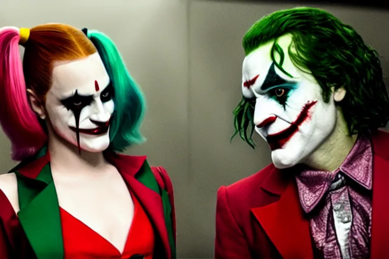 Image similar to joaquin phoenix as the joker ( 2 0 1 9 ) and lady gaga as harley quinn, movie still frame, directed by todd phillips