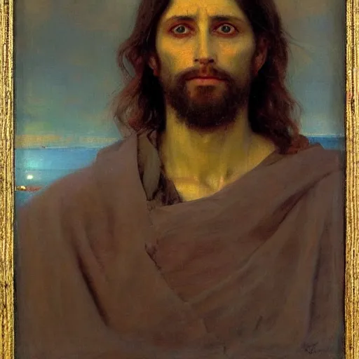 Image similar to portrait of jesus christ, russian painting, by Ilya Repin, realist, russian impressionism, melancholic, desaturated colors, moody, suffering, somber, rocky scenery in background