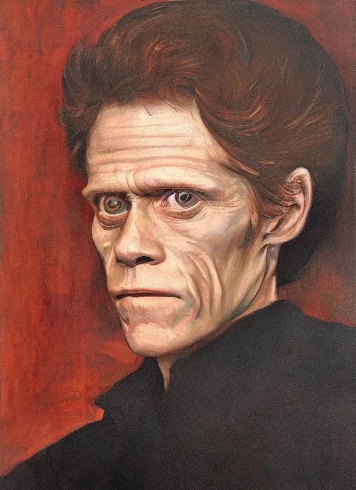 Image similar to flattering regal painting of willem dafoe, renaissance oil painting, studious